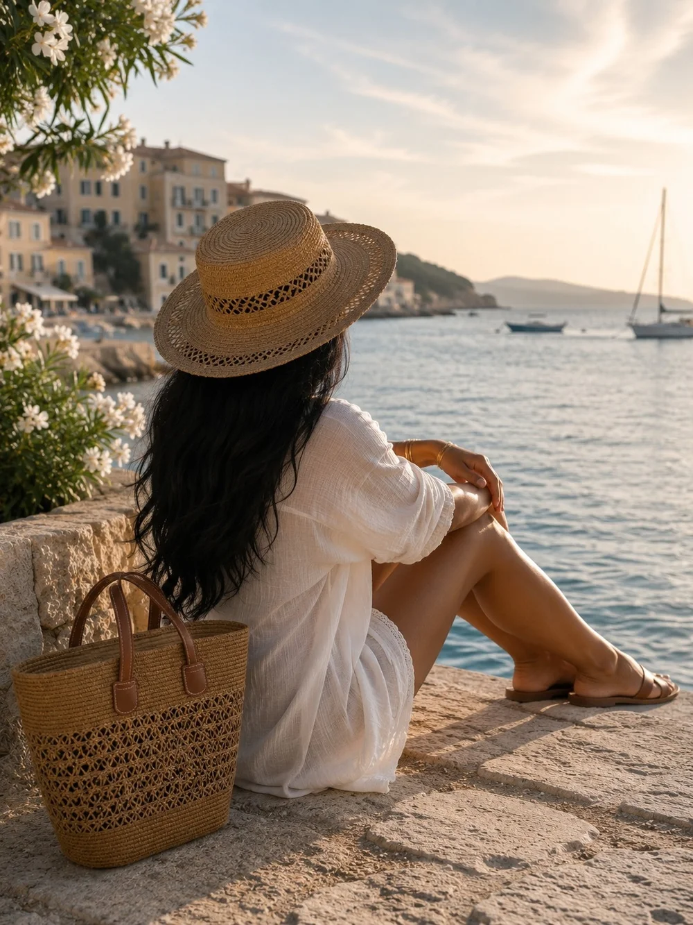 2- Set Straw Beach Tote Bag & Hat with Leather Handles - Natural Brown